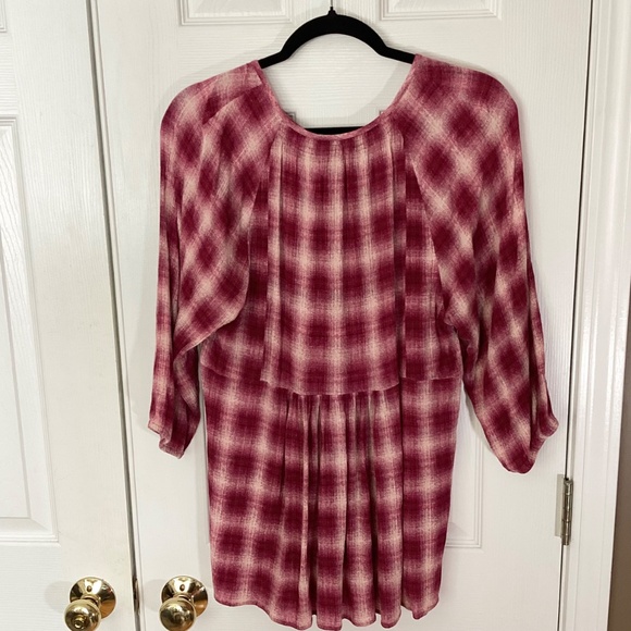Anthropologie Maeve Cavalon Peplum Plaid Blouse Magenta Off-White L - Picture 3 of 10